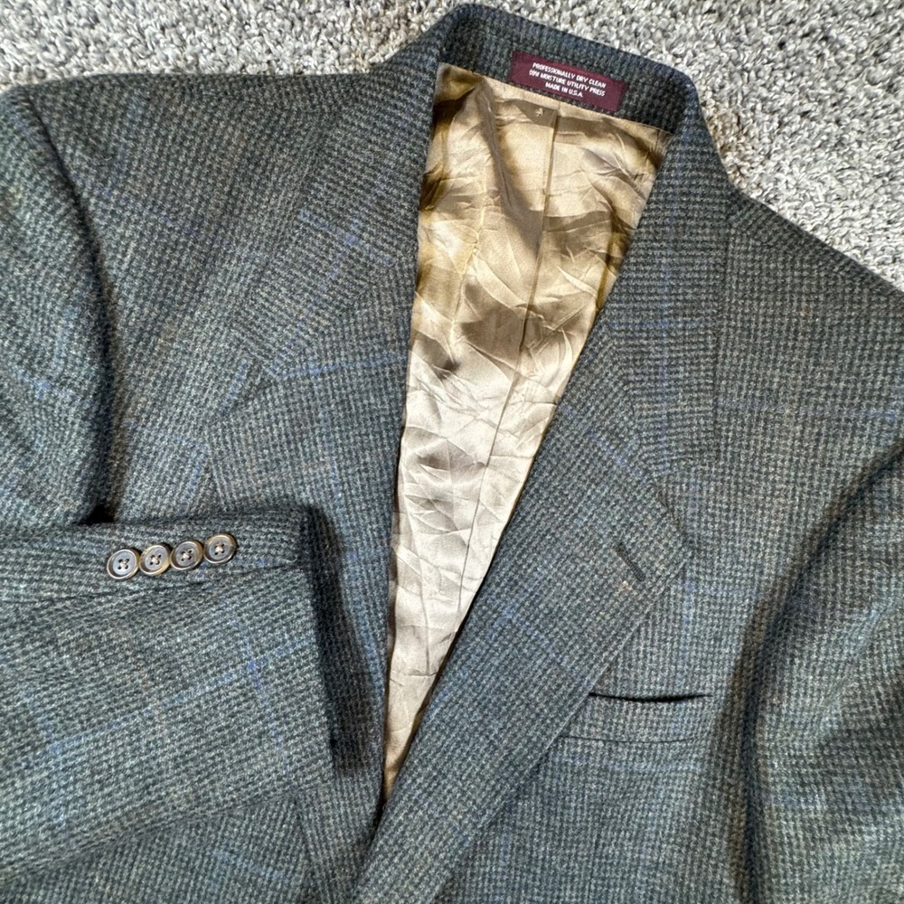 VTG Evan-Picone Blazer Mens 40L Grey Green Glen Plaid Wool Tweed Sport Coat USA